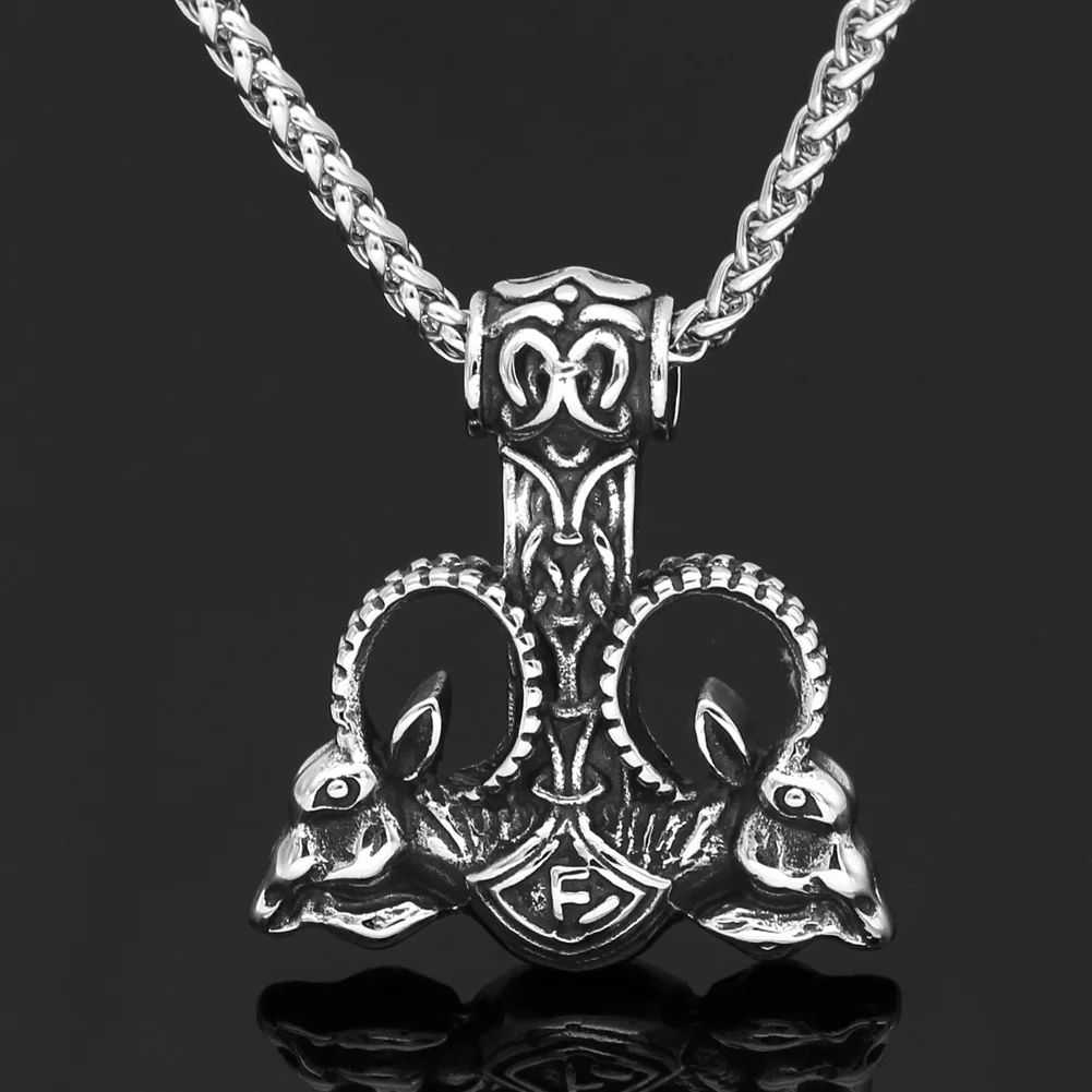 Men stainless steel Wolf head norse viking amulet thor hammer pendant necklace handmade chain