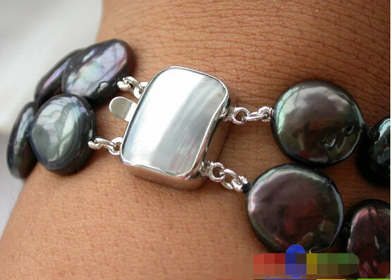

2ROW 8" 14mm BLACK COIN CULTURED PEARL BRACELET P2212 @^Noble style Natural Fine jewe SHIPPING new >>free shipping