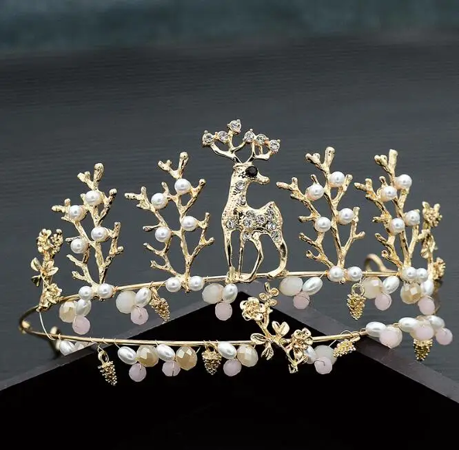 

Handmade Gold Bridal Hair Crown Christmas Deer Shape Hairband Wedding Hairwear Crown With Pearl