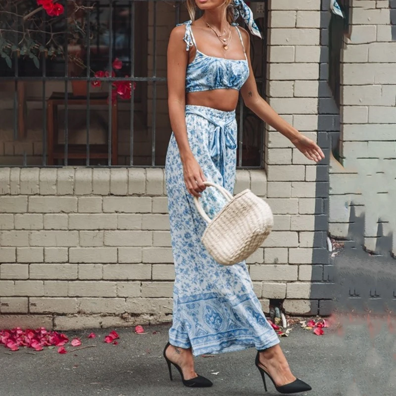 

Melegant Sexy Beach Boho Summer 2019 Women Jumpsuit Belt Spaghetti Strap Long Rompers Wide Leg Casual Female Jumpsuits