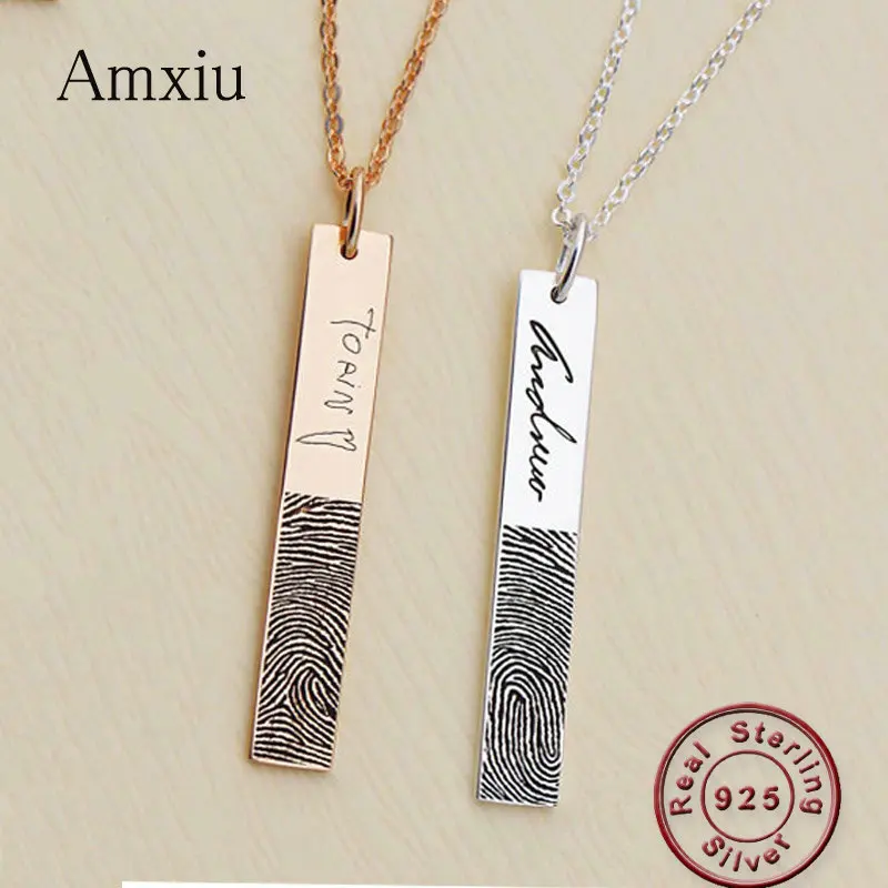 Amxiu Custom Fingerprint Name 925 Sterling Silver Pendant Necklace For Lovers Wedding Party Gifts Women Men Necklace Accessories