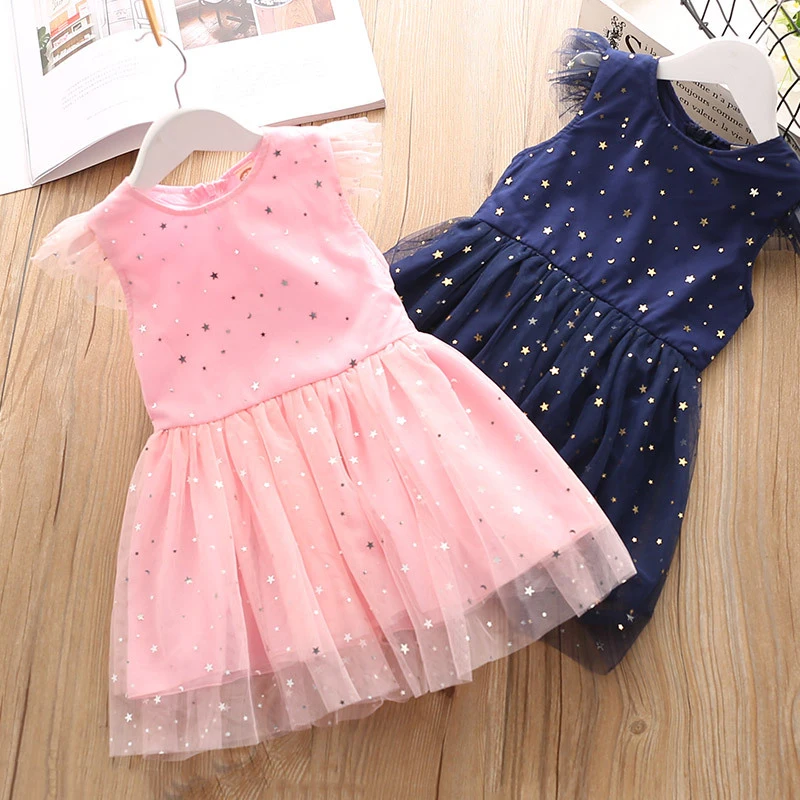 Toddler Girl Dress Fluffy Tulle Lace Dresses Pink With Stars Sequin