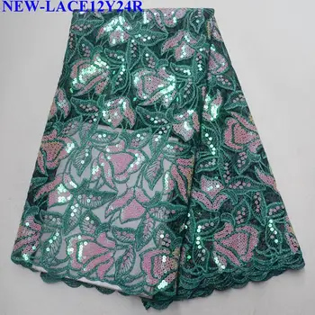 

New Style Green African Tulle Mesh Lace Fabric High Quality Sequin Embroidery french tulle lace fabrics For Party Dress ZX-002