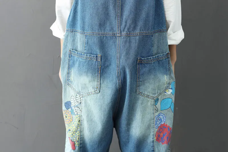 Новые повседневные джинсовые длинные Комбинезоны, летние Свободные Лоскутные винтажные женские комбинезоны с принтом, 2 цвета