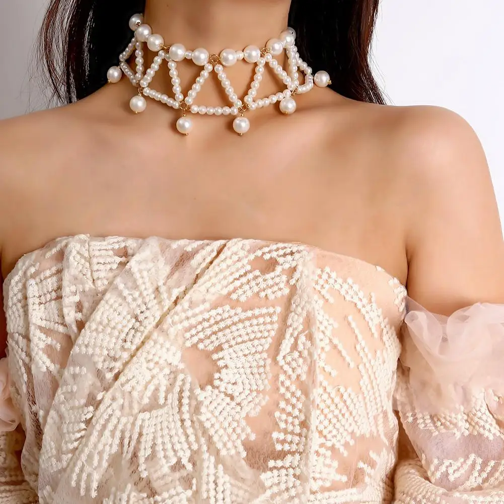 

Elegant Women Hollow Faux Pearl Beaded Choker Necklace Evening Party Jewelry new