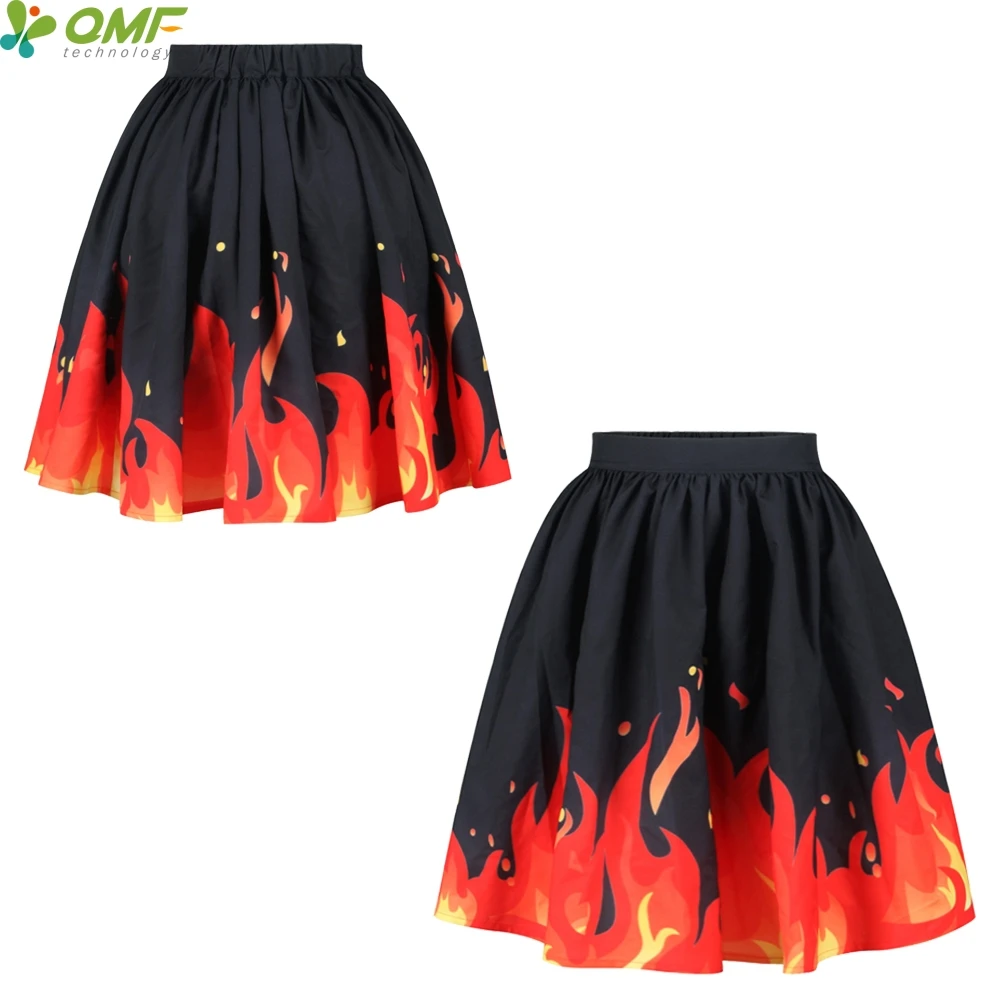 3D Flaming Fire Red Tennis Skirts Punk Female Knee Length Pleated Skirt