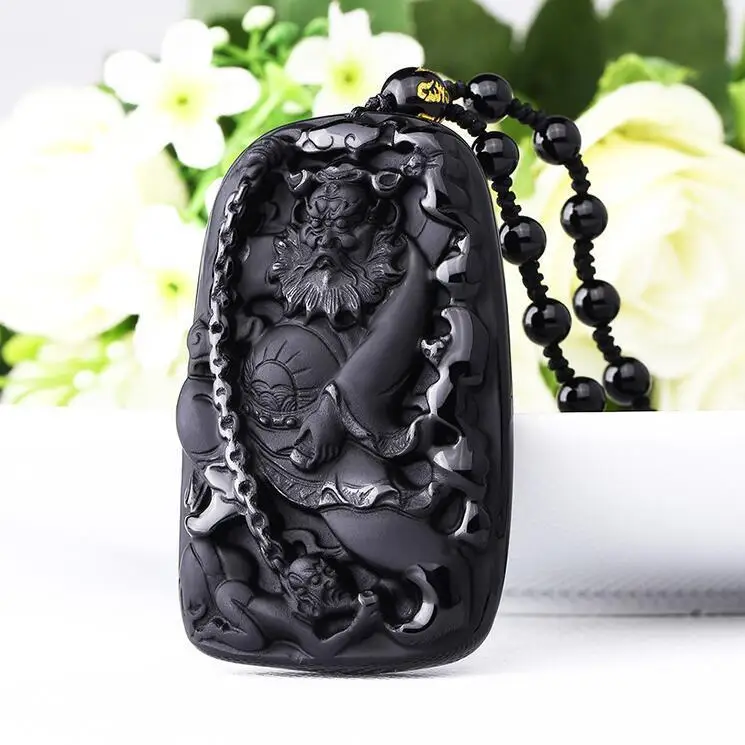

NATURAL OBSIDIAN CARVED CHINESE ZHONG KUI AMULET PENDANT(obsidian pendant)
