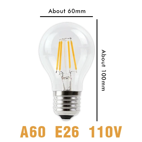 A60 Bulb E27 110V Светодиодный светильник-свеча в винтажном стиле, лампа накаливания E14 E27, светодиодный светильник Эдисона в форме шара, 220 В, стекло, 2 Вт, 4 Вт, 6 Вт, 8 Вт, сменная лампа накаливания с регулируемой яркостью - Испускаемый цвет: A60 Bulb E27 110V