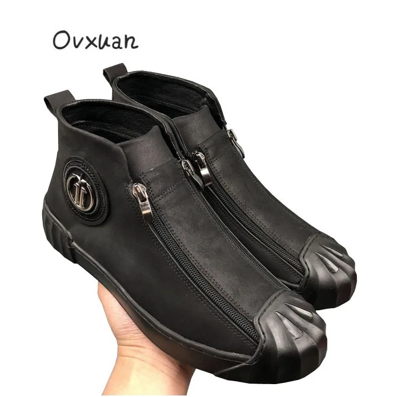 OVXUAN/модные высокие кроссовки на молнии с металлической пряжкой; мужская повседневная обувь; модные мужские уличные модельные лоферы на плоской подошве