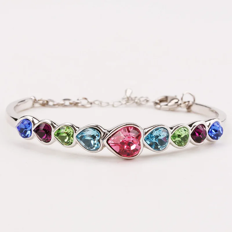 

Heart Shaped Colorful Rhinestone Women Bangles Silver Color Love Bangles Birthday Gift