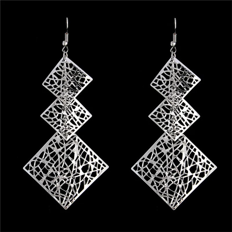

QCOOLJLY Women's Trendy Silver Color Dangle Earrings Square Hollow Out Drop Earrings Lady Party Jewelry Hot Sale
