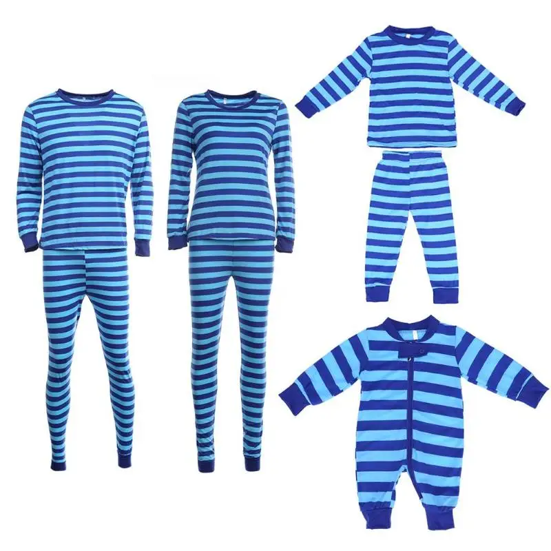 

2pcs/Set Home Pajamas Family Stripes Mom Dad Baby Sleepwear Top+Pants(Blue)