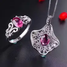 Натуральный красный гранат кольцо, кулон натуральный Ювелирные изделия с драгоценными камнями комплект серебро 925 Мода Элегантные Для женщин свадебные Цепочки и ожерелья подарок Изысканные кольца