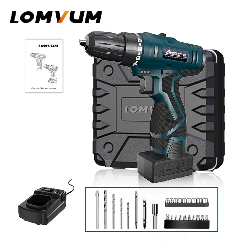 25V 1Battery PC PJ LOMVUM 25 в двойная скорость аккумуляторная отвертка 2 батареи электрическая мини дрель светодиодный светильник индикатор питания Нескользящая ручка PC LZ - Цвет: 25V 1Battery PC PJ
