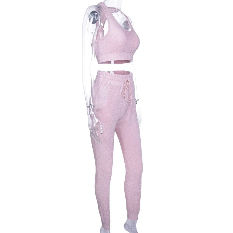 Женские костюмы для фитнеса, розовый однотонный укороченный топ на бретелях и свободные штаны, комплект из 2 предметов, модный, женский сексуальный тренировочный костюм