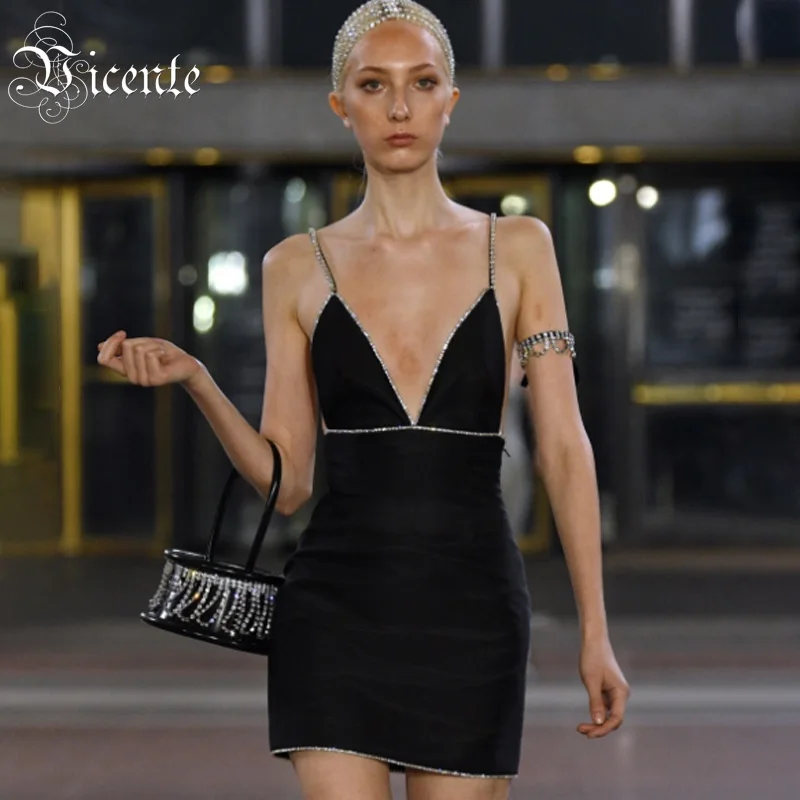 

Vicente 2019 New Chic Beads Embellished Sexy Spaghetti Strap V Neck Celebrity Party Mini Bandage Dress