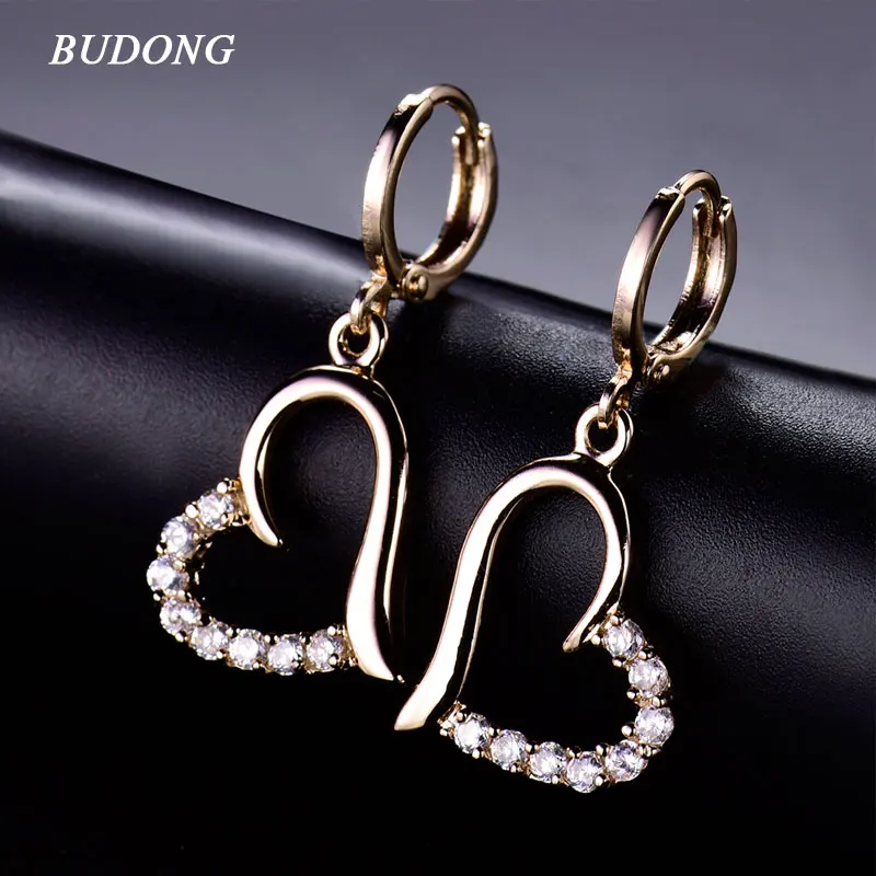 

BUDONG Brand Fashion Rose/Silver Color Drop Wedding Earring Trendy Heart Love Long Dangle Earrings Jewelry For Women XUE125