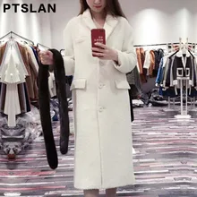 Ptslan Women Alpca Sheep Fur Coat Fashion Women Wool Coat Mink fur collar Long Sheep fur