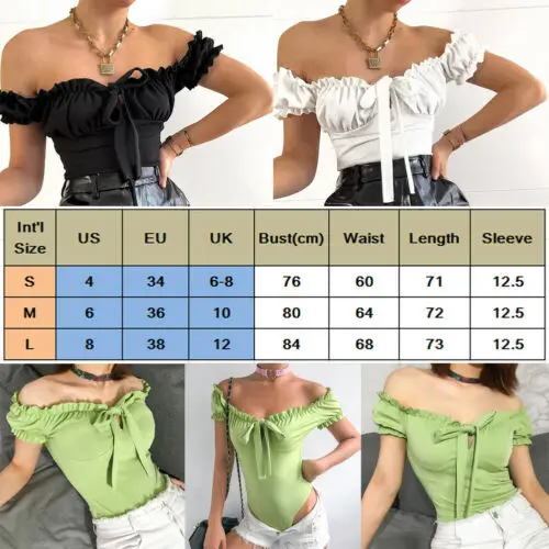 بلوزات غير مغطية للكتف ارتداءها مثير الصلبة الأخضر أسود أبيض القوس الكشكشة النفخة كم Bodycon الصيف بذلة داخلية