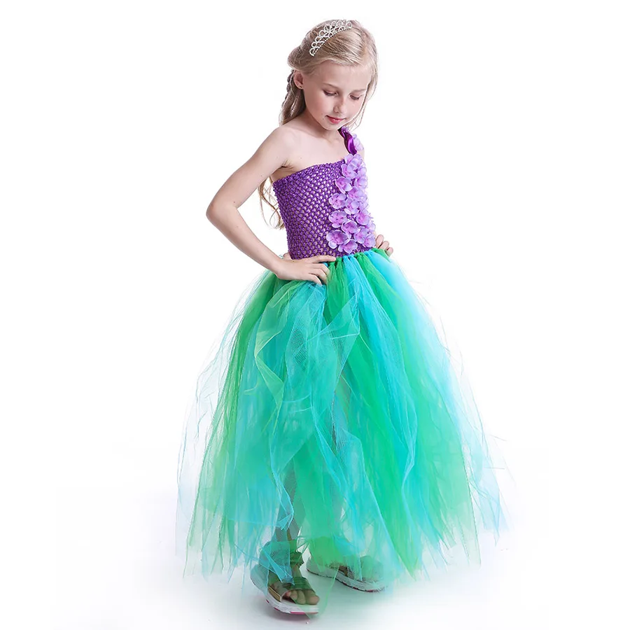 Mermaid Kids Princess Tutu Dress Purple Flowers Green Tulle Baby Girls (5)