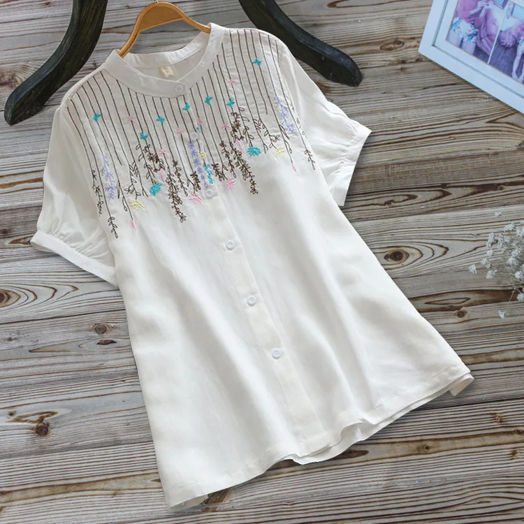

2019 Summer Casual Mori Girl Lantern Sleeve Embroidery Cotton Linen Single breasted O neck Loose White Women Blouse