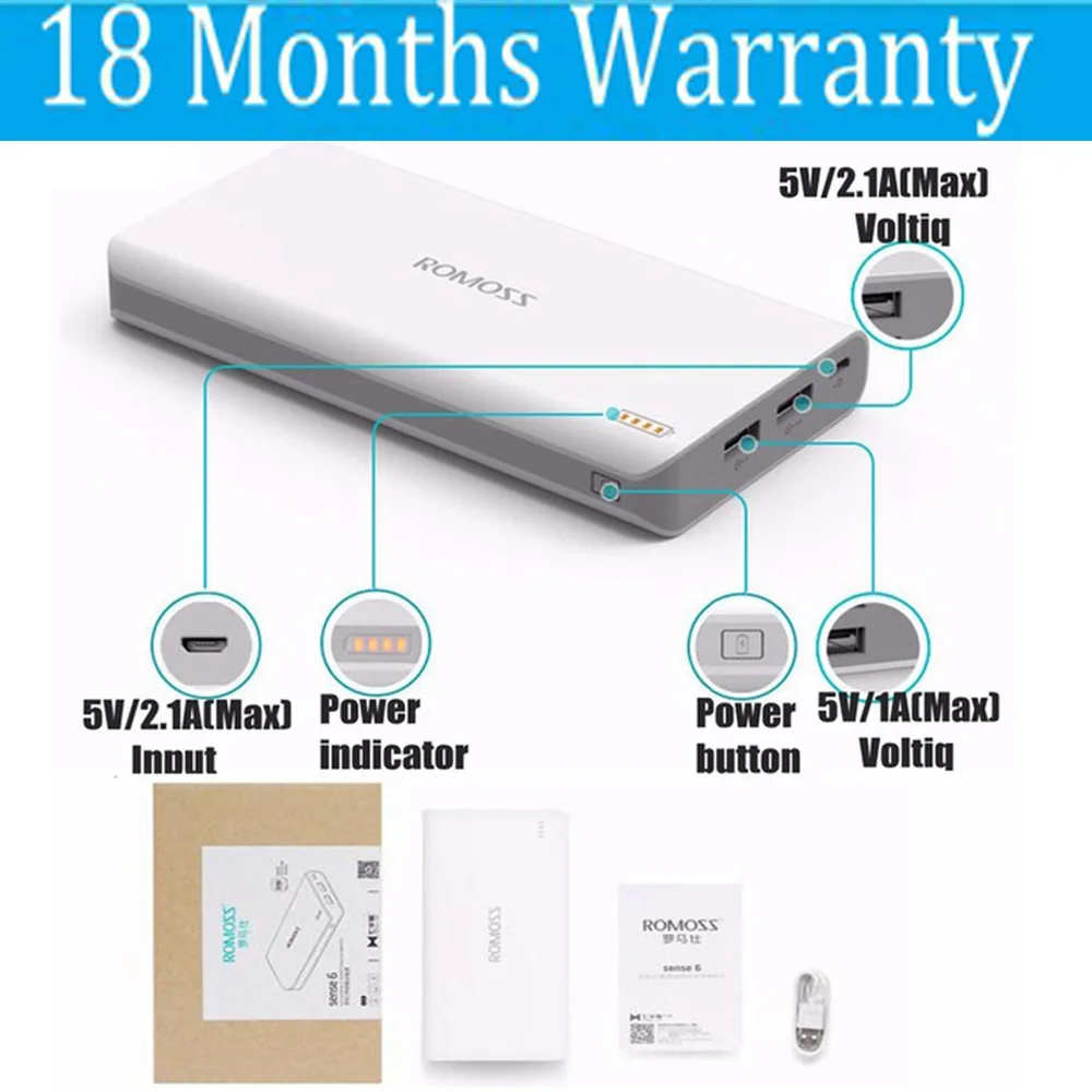 

Romoss 20000mah Power Bank 20000 mah Sense 6 18650 Powerbank 2.1A Fast Charger for Xiaomi Samsung Huawei iPhone Universal