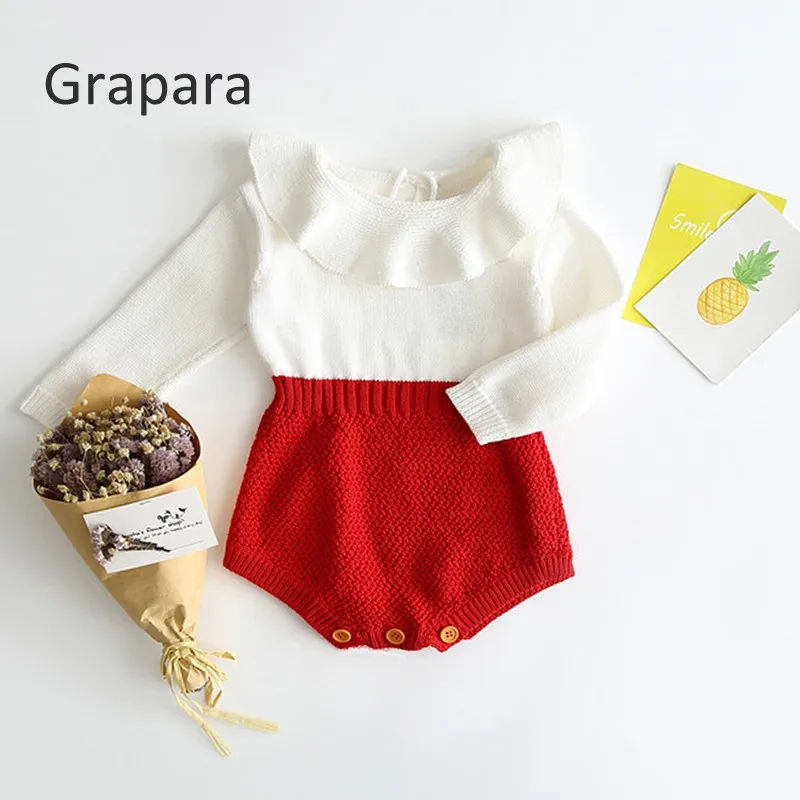Grapara Kids Newborn Baby Girl Winter Bodysuit White Ruffles Neck Long Sleeve Christmas Jumpsuit