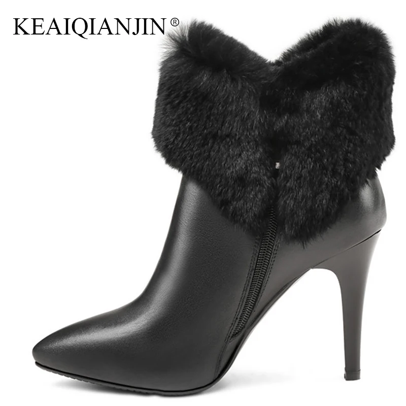 

KEAIQIANJIN Woman Genuine Leather Snow Boots Winter Black White High Heeled Ankle Boots Fashion Sexy String Bead Snow Boots 2018