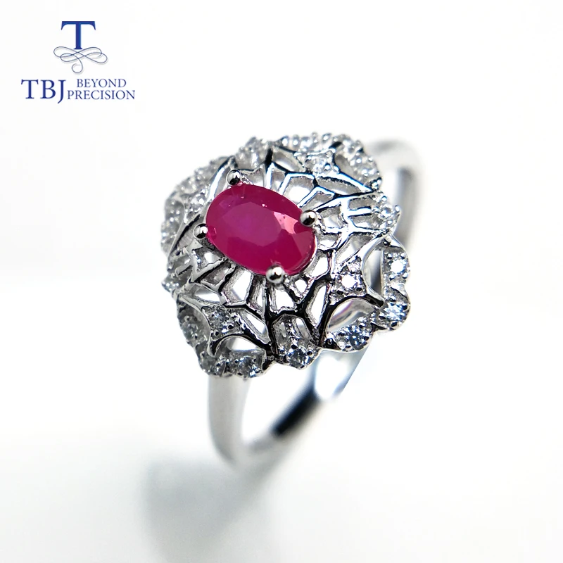 

TBJ,natural real ruby ov4*6 gemstone ring in 925 sterling silver elegant flower design for girls women as birthday wedding gift