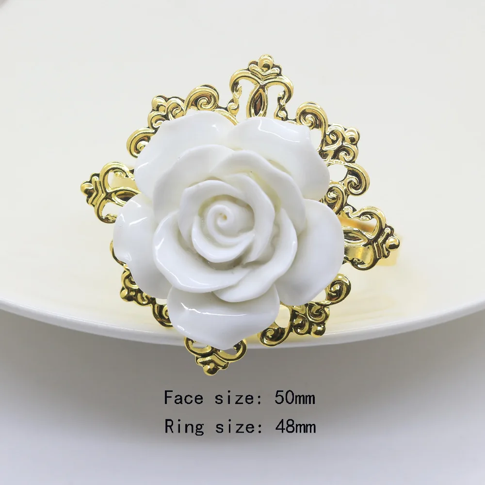

Hot sale 10pcs/lot white silicone Roses Napkin rings golden napkin rings For Romantic Weeding Party Table Decoration