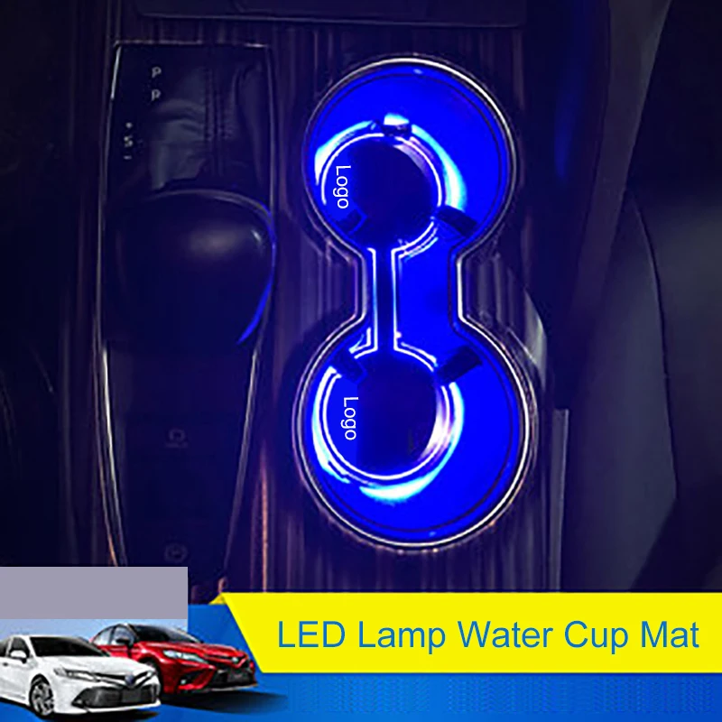 QHCP LED Lamp Water Cup Holder Pad Sticker Acrylic Ambient Light Storage Box Mat Decoration Accessories For Toyota Camry 2018