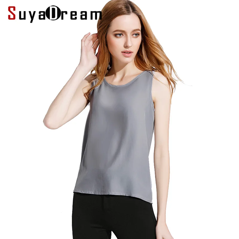 Comprar Camisetas sin mangas de seda para mujer 100% camisa de seda Natural sin mangas de chifón Camiseta básica sólida 2019 verano gris negro rosado vino