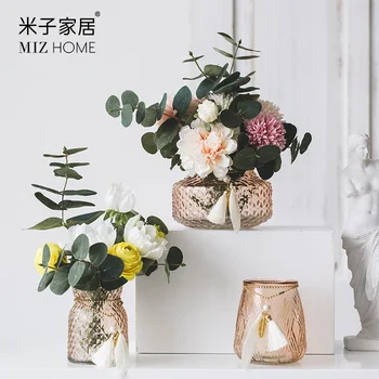 

Miz Artificial Flowers for Table Top Vases Home Decor Fake Flower Bouquet with Pink Carved Glass Vase Wedding Table Decoration