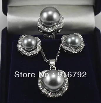 

Free shipping Beautiful gray shell pearl silver jewelery Pendant earrings Ring Sets