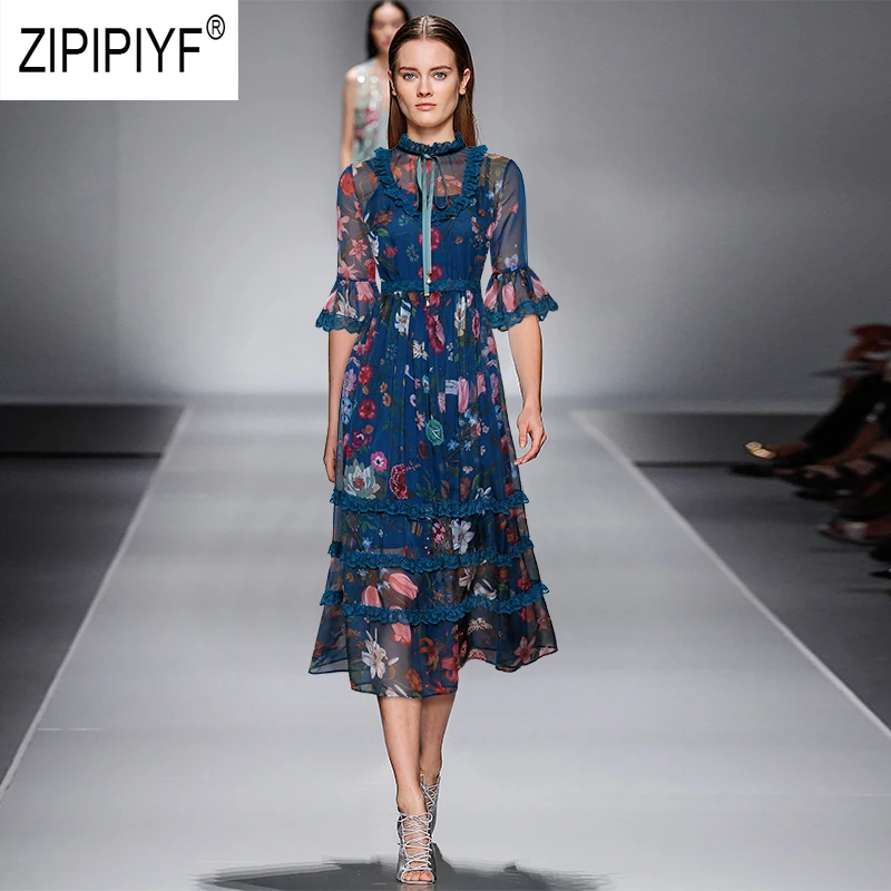 

Sweet Girls Fashion Women Dresses Lace Patchwork Stand Neck Half Flare Sleeve Bow Design Dresses 2019 Summer Chiffon Dress Z1725