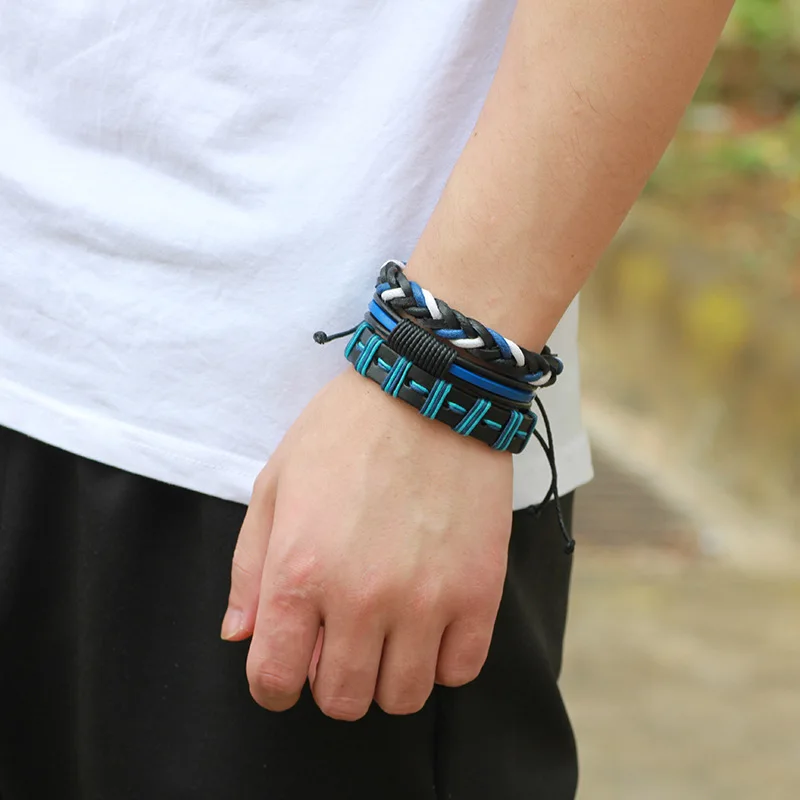 Синий кожаный браслет для мужчин многослойный браслет для женщин обертывание рук браслеты и браслет для женщин панк повседневные мужские ювелирные изделия