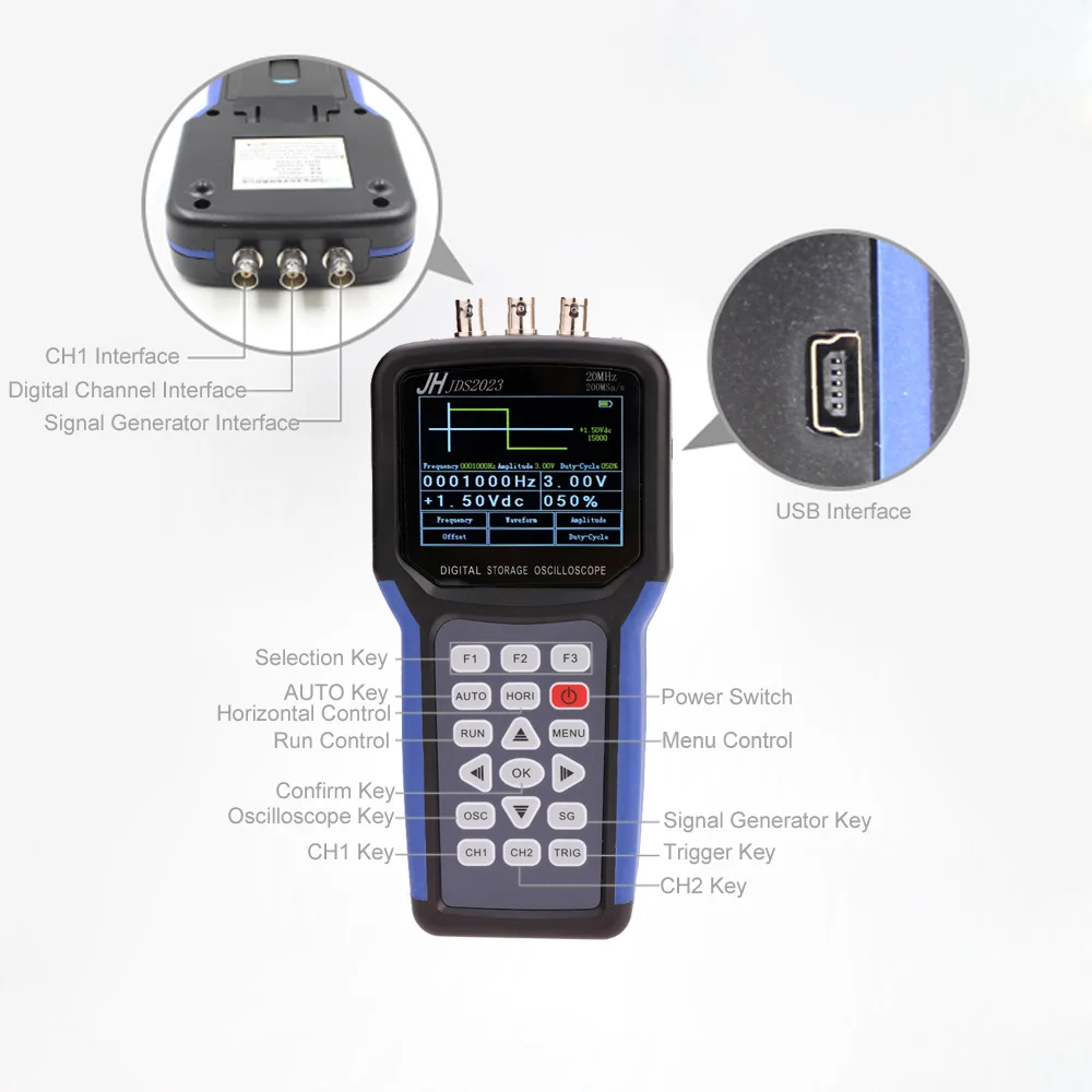 Jinhan JDS2023 Портативный Ручной осциллограф 2CH 20MHz 200MSa/S и генератор сигналов AC DC Входная муфта 3,2 дюймов lcd