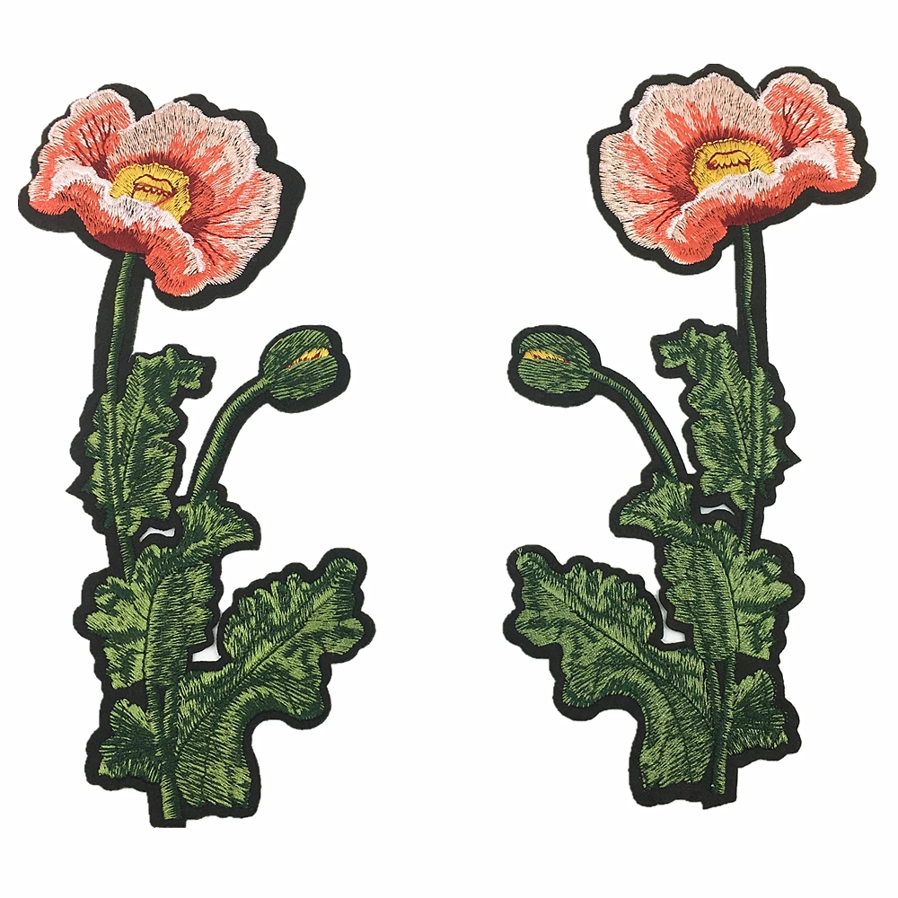 

2pair Poppy Flower Embroidered Patch Flowers Patches Embroidery Applique Iron On Patches For Clothing Parches 22x10cm AC1172