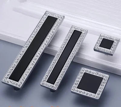 Black Crystal Dresser Knobs Luxury Drawer Handles Square Glass