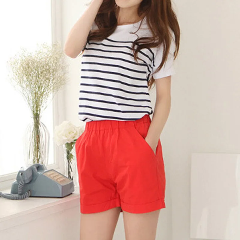 Fashion Summer Women Cotton Shorts Casual Elastic Waist Candy Solid