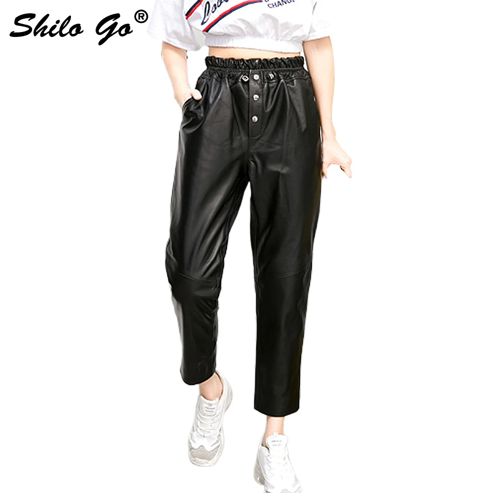 Casual Leather Pants Women Streetwear Front Button Sheepskin Genuine Leather Harem Pants Streach High Waist Loose Concise Pants