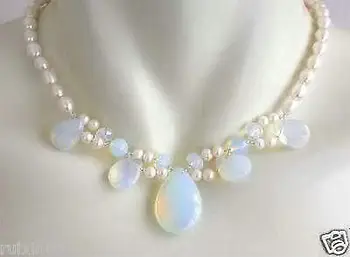 

mujer Opal and Fresh Water Pearl Cluster Necklace 17-18" Bridal Wedding word Fine moda -jewelry