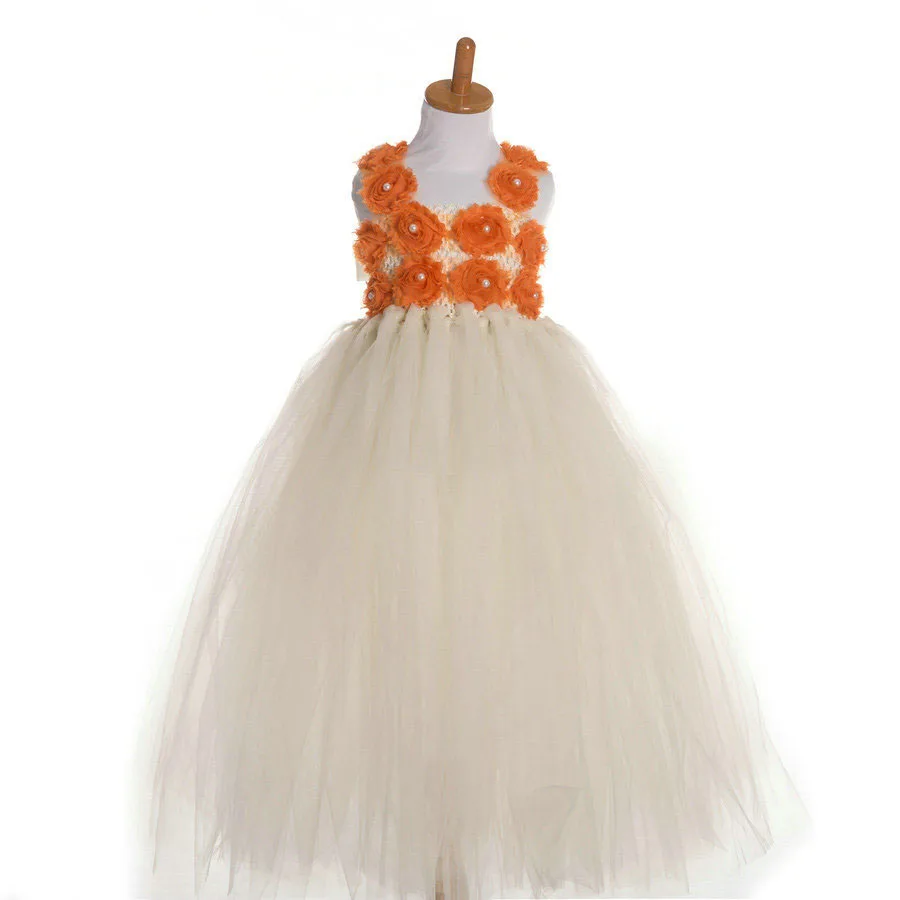 

Fashion Orange Pink Blue 3D Beaded Flower Collar Bandage Childrens Tutu Dress for 2 To 12 Years Old