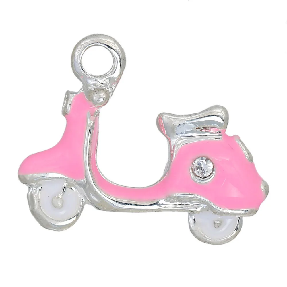 

Doreen Box Charm Pendants Scooter Silver Color Clear Rhinestone Enamel Pink 19x15mm,10PCs (B22403)