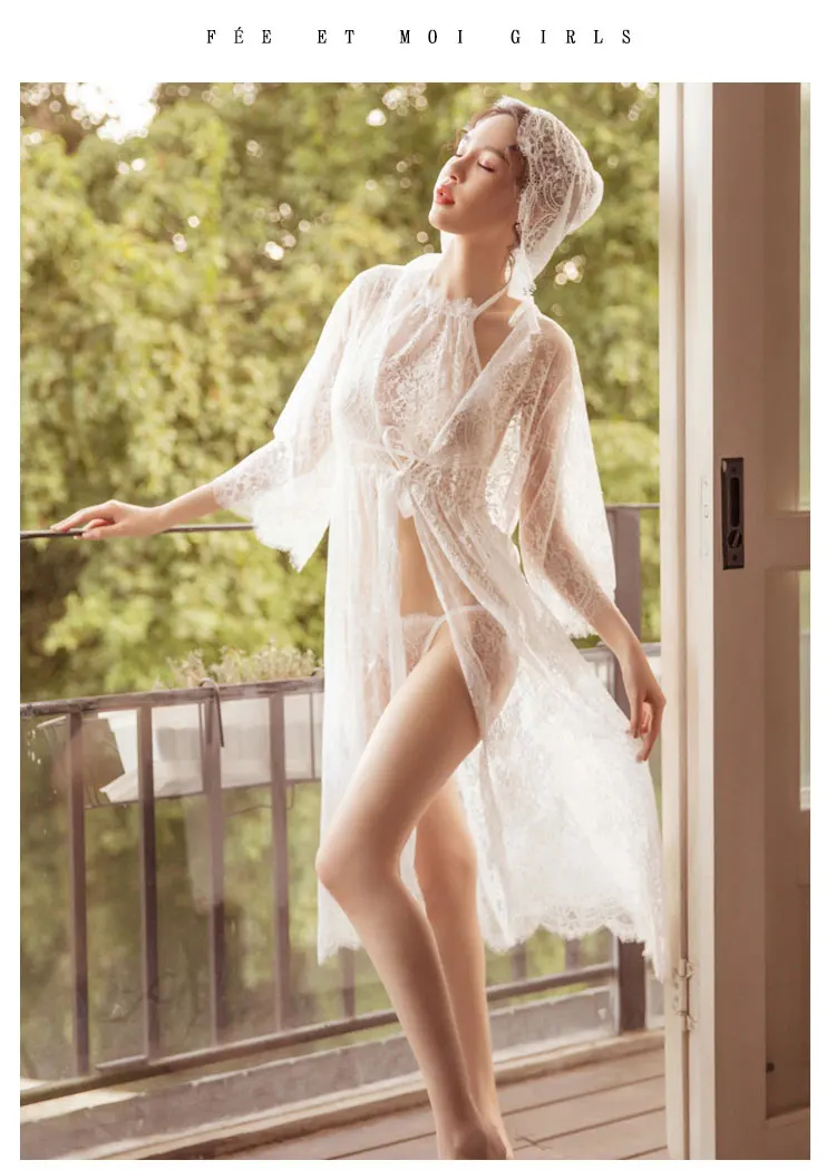 Hoyyezen женщина сексуальная новая Французская романтическая Фея Ветер Кружева пижамы тонкий срез суд халат три части ночная рубашка набор