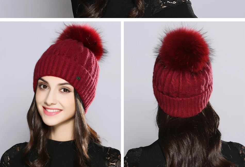 Woman Winter Hats Wool Skullies Beanie Raccoon Fur Pom Pom Stripe Knitted Hat Female Autumn Skullies Beanies  (17)