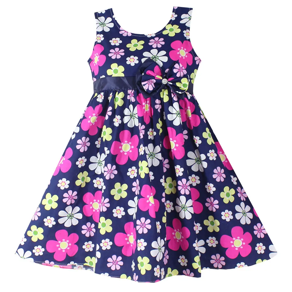 

Shybobbi New Girls Dresses Fashion Dark Blue Floral Party Birthday Baby Children Clothing 100% Cotton