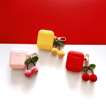 

Cute Candy colors Plush Cherry Pendant For Apple New Airpods 2 Shockproof Case For Air Pods Charging Box TPU Silicone Cover Case