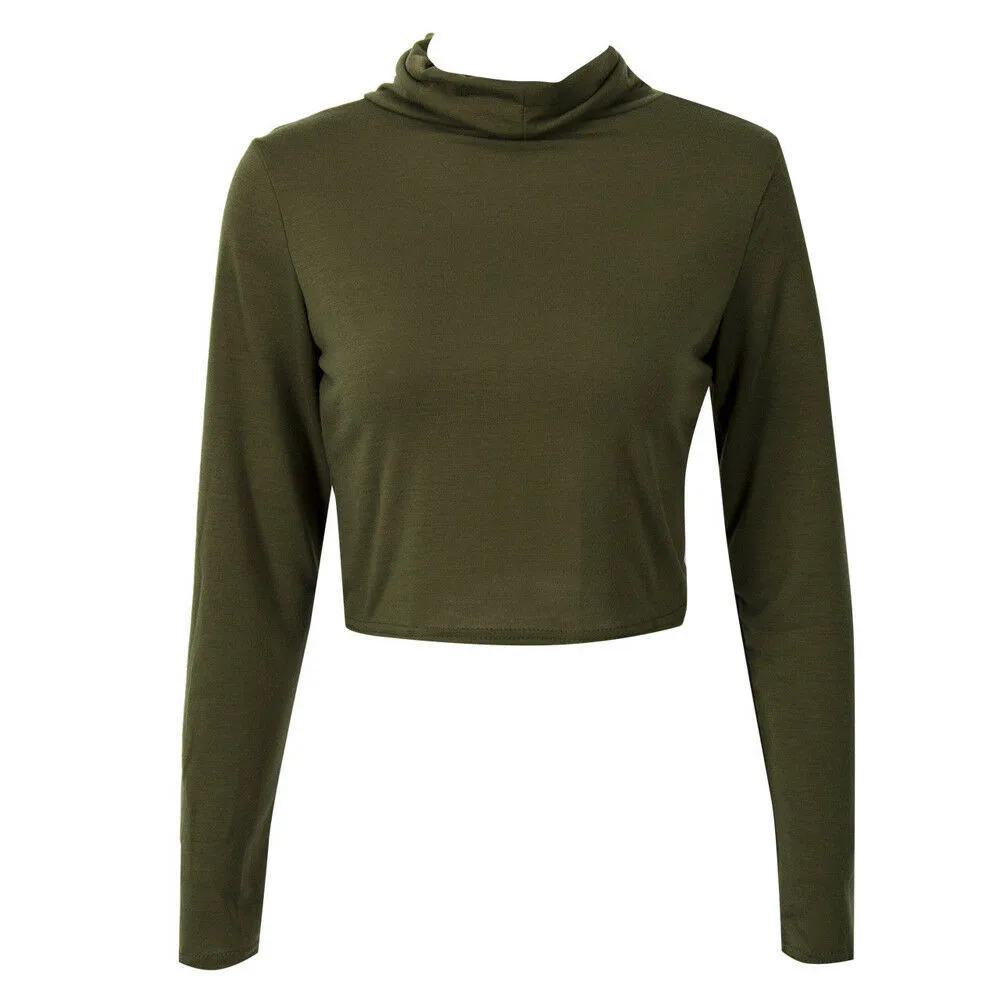 Женская Осенняя Водолазка с длинным рукавом, однотонные Стрейчевые облегающие топы, женские сексуальные укороченные топы, женская футболка - Цвет: Army Green