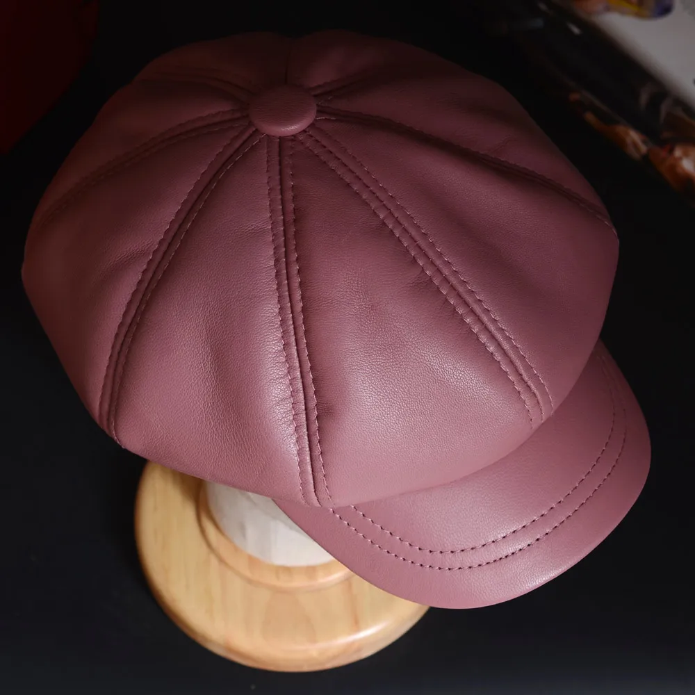 Women's Ladies Genuine Leather Sheep Skin Fashion Colorful Beret Octagonal Cap Painter Cap Newsboy Jazz Caps/Hats